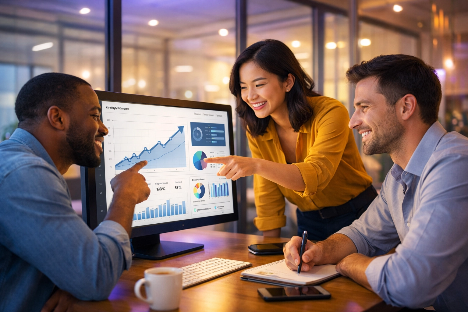 Marketing team analyzing growth analytics and digital performance dashboards