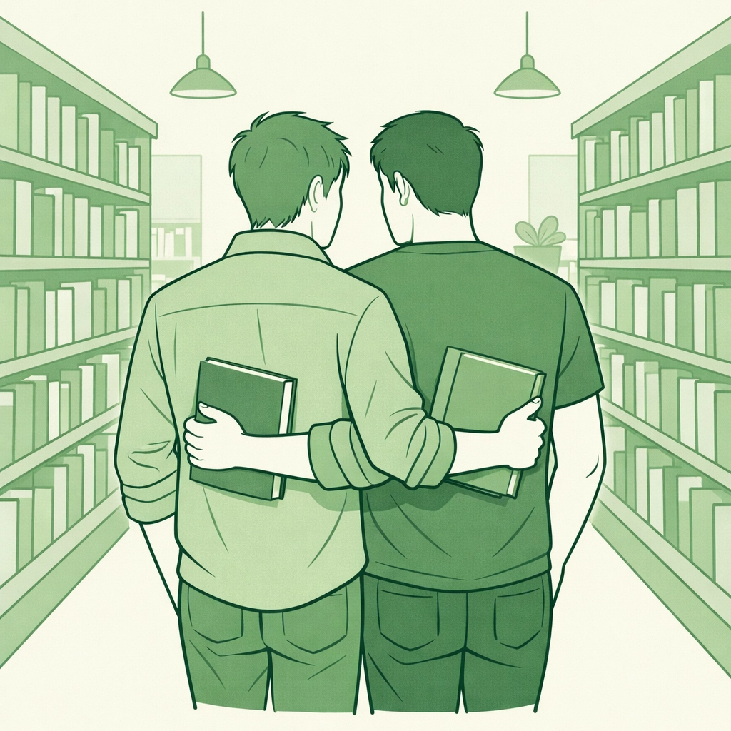 Minimalist illustration of a gay couple in a library exploring curated LGBTQ+ fiction and MM romance books.