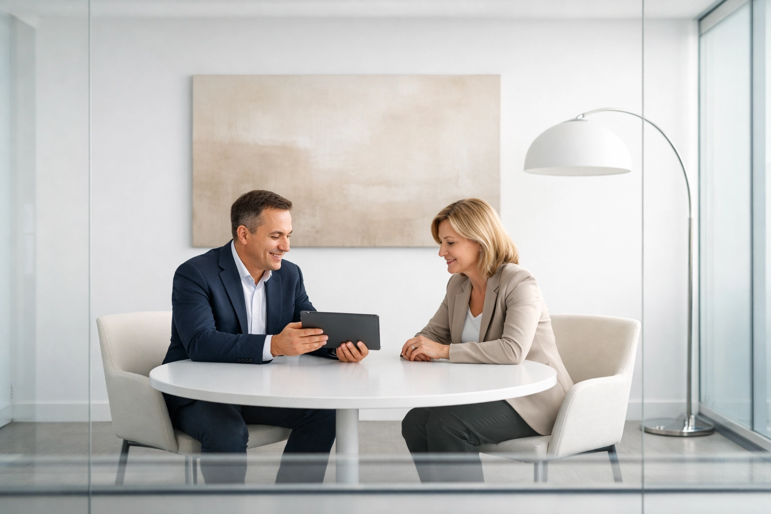Tax professional showing a client electronic filing requirements on a tablet in a modern office.