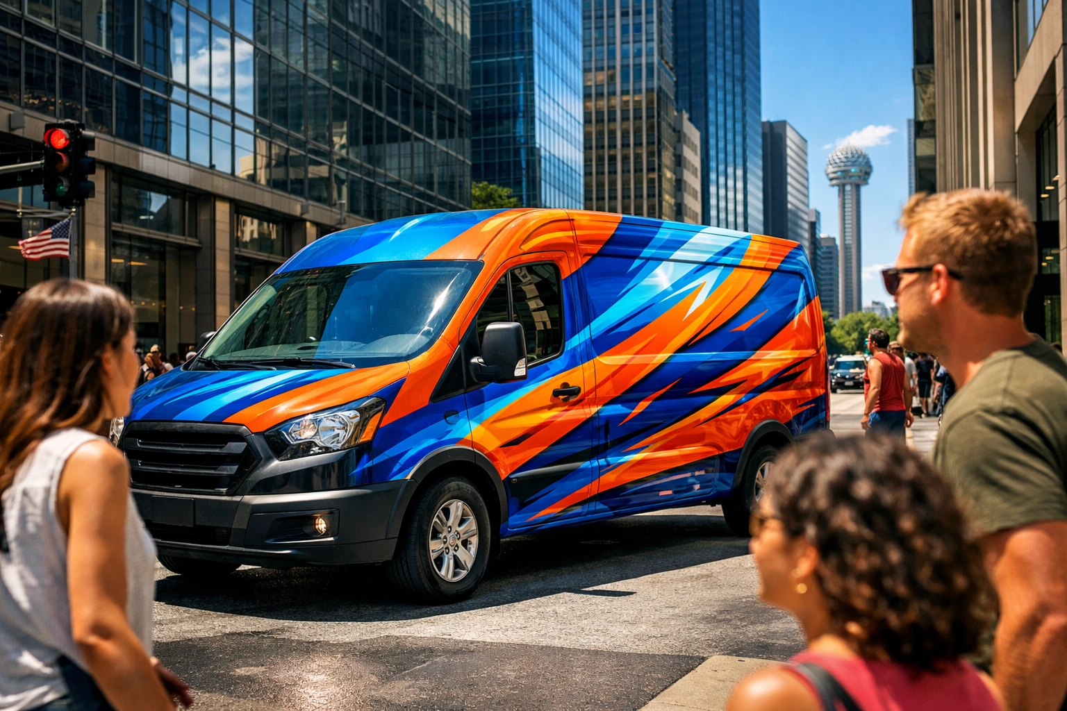 A professional car wrap on a transit van driving through a busy Dallas street attracting pedestrian attention.