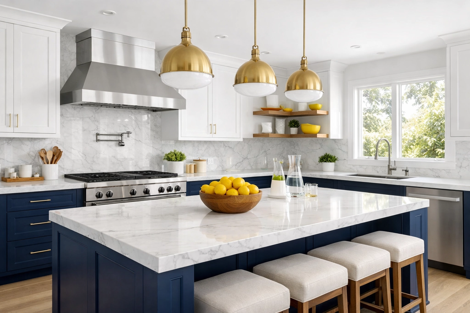 Immaculate modern kitchen with marble counters showing quality house cleaning services MA results.