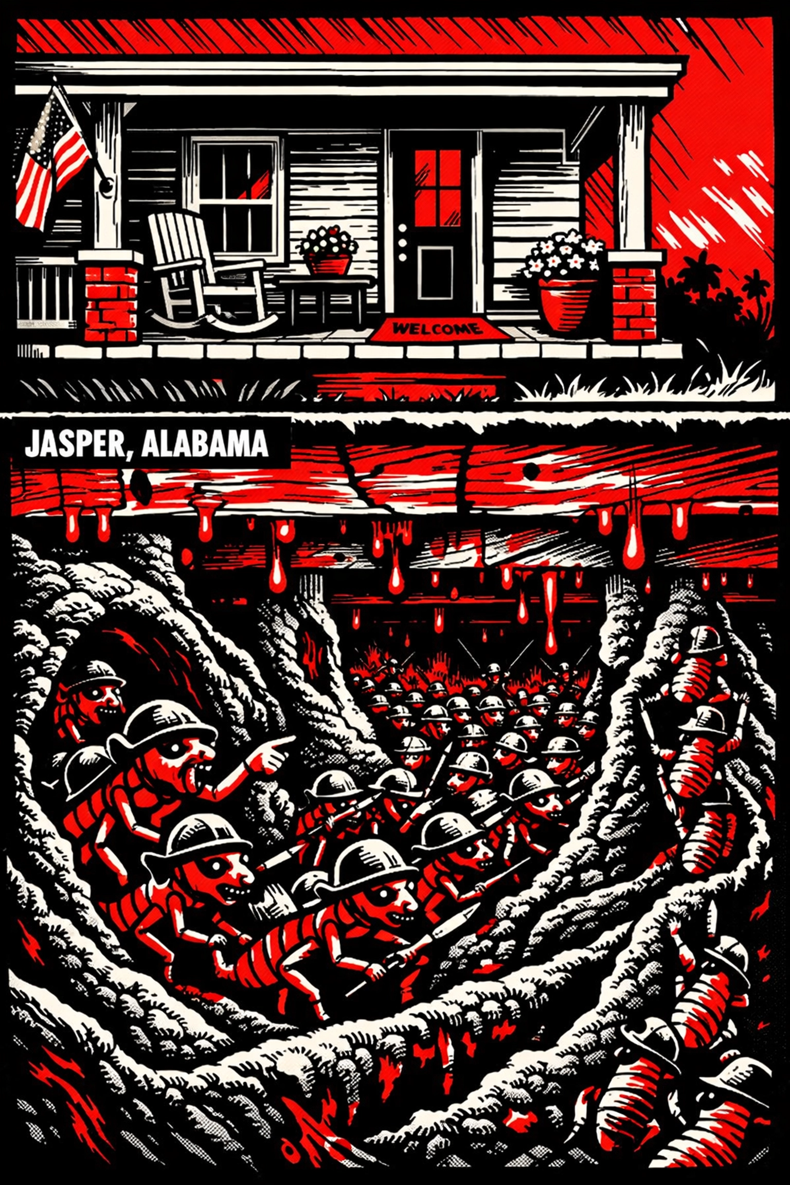 Illustration showing subterranean termites invading a Jasper Alabama home foundation from underground.
