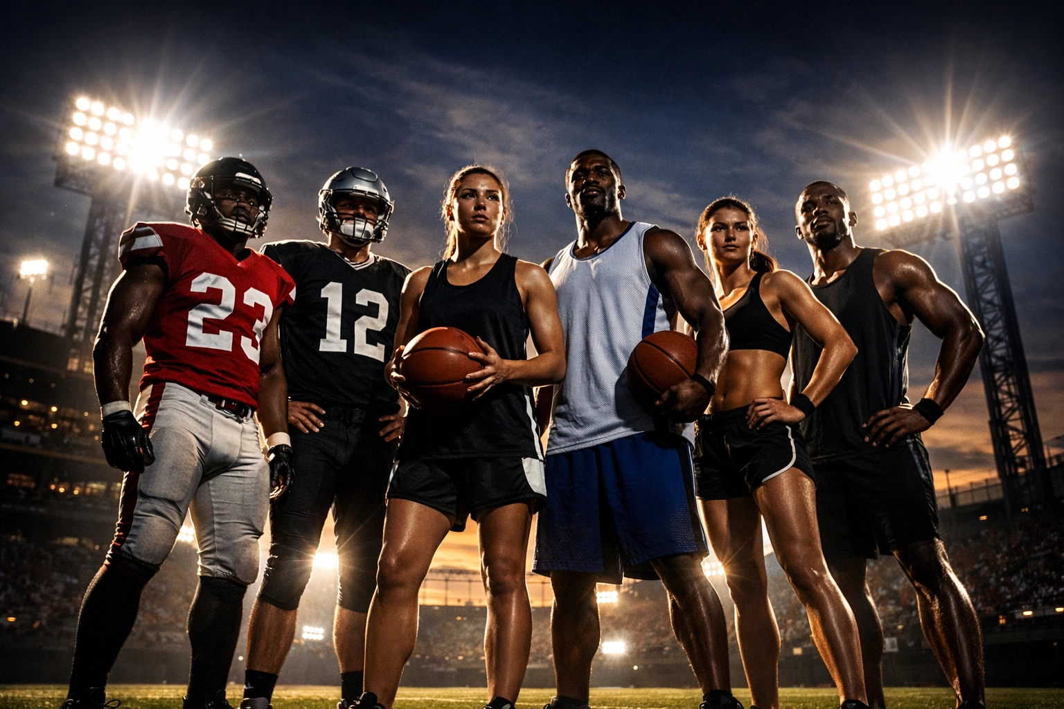 A diverse group of young NIL athletes standing on a football field under stadium lights for a marketing blitz.