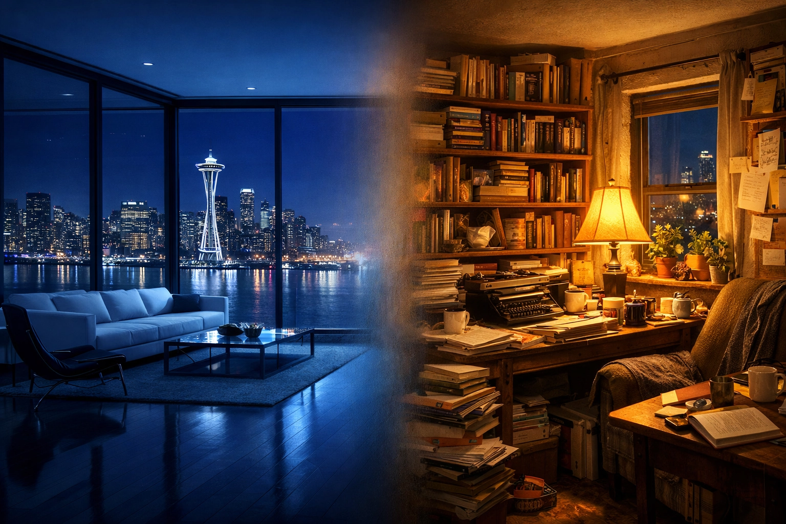 Luxury penthouse versus modest apartment depicting wealth gap in gay romance story