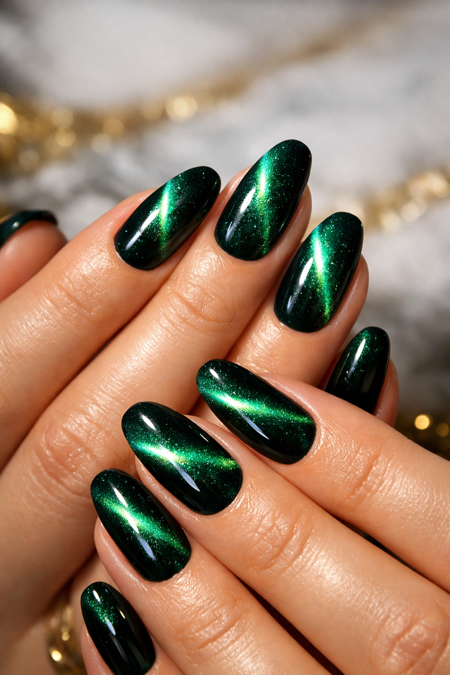 Emerald green magnetic cat-eye gel manicure showing dimensional shimmer effect on elegant hands