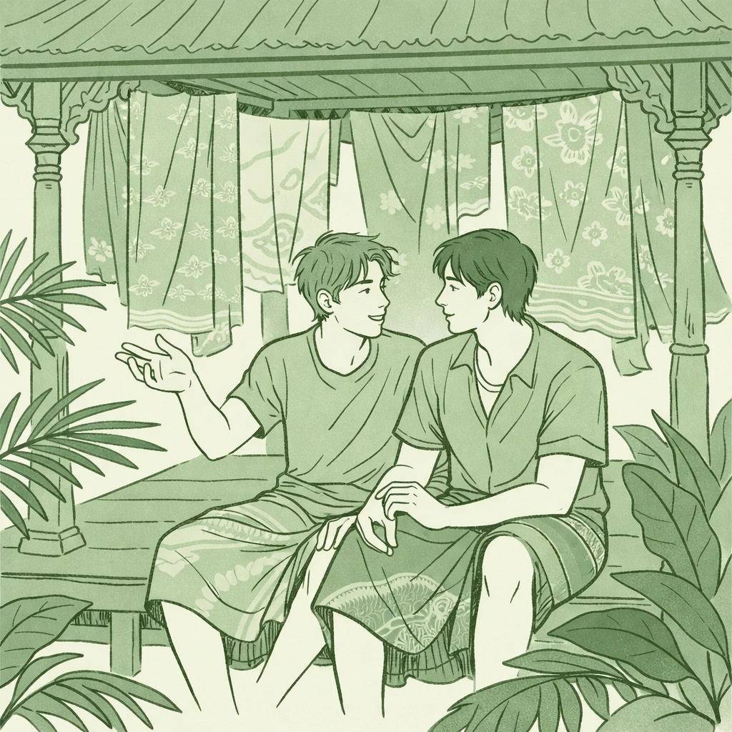 Gay couple discussing traditional Balinese silk textiles in tropical pavilion setting