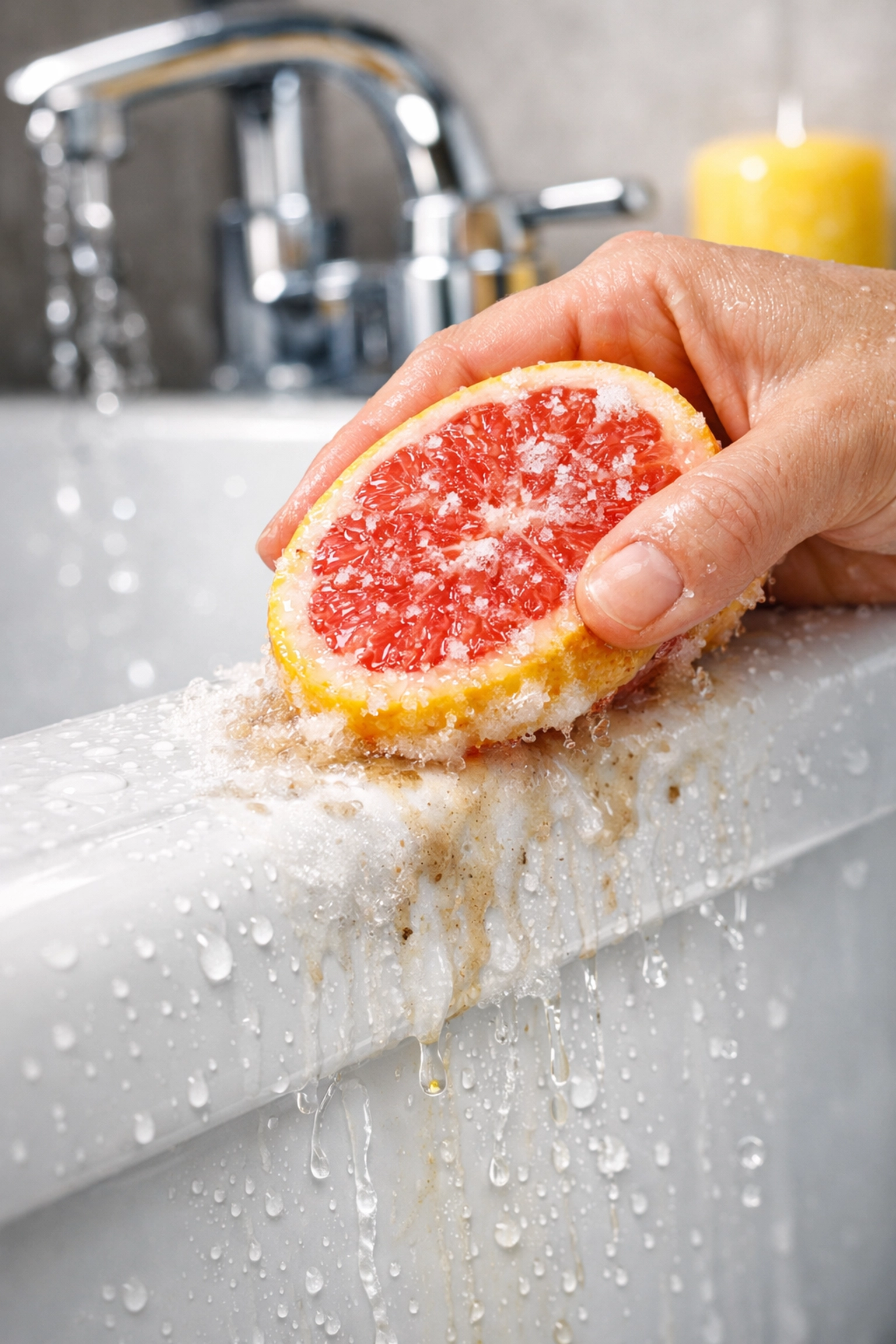 Using a salted grapefruit to scrub soap scum and grime off a white porcelain bathtub surface.