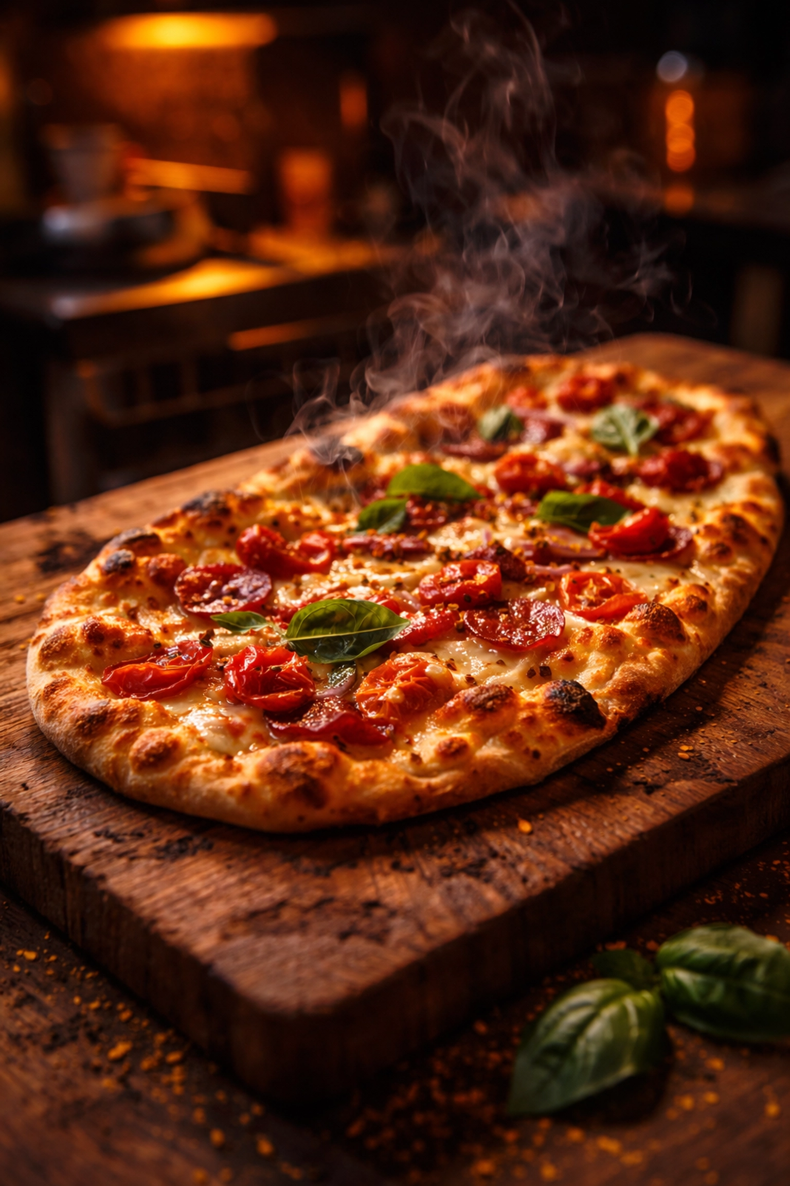 Fire-baked artisan flatbread pizza with crispy crust and colorful toppings, perfect for healthier pizza catering in Utah