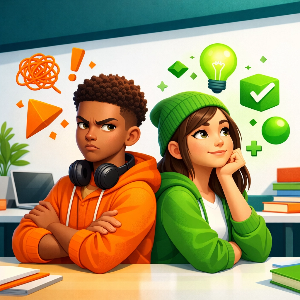 Two teens displaying contrasting emotions while learning conflict resolution skills