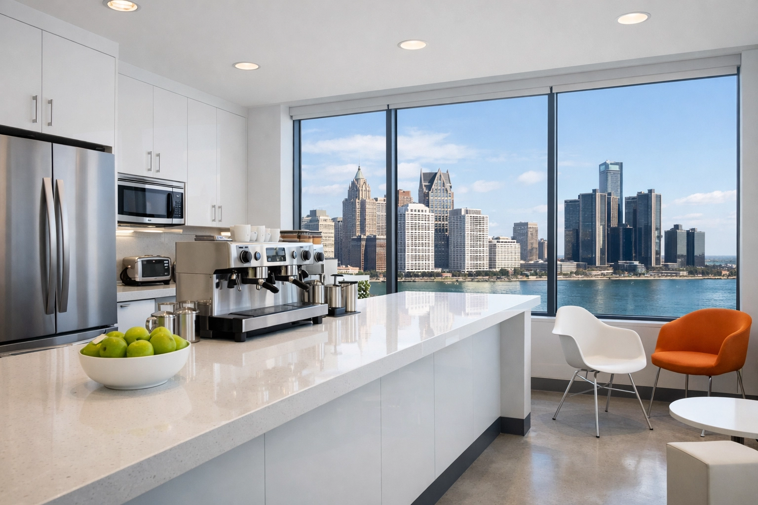 Impeccably clean modern office breakroom with sanitized surfaces and city views in Detroit.