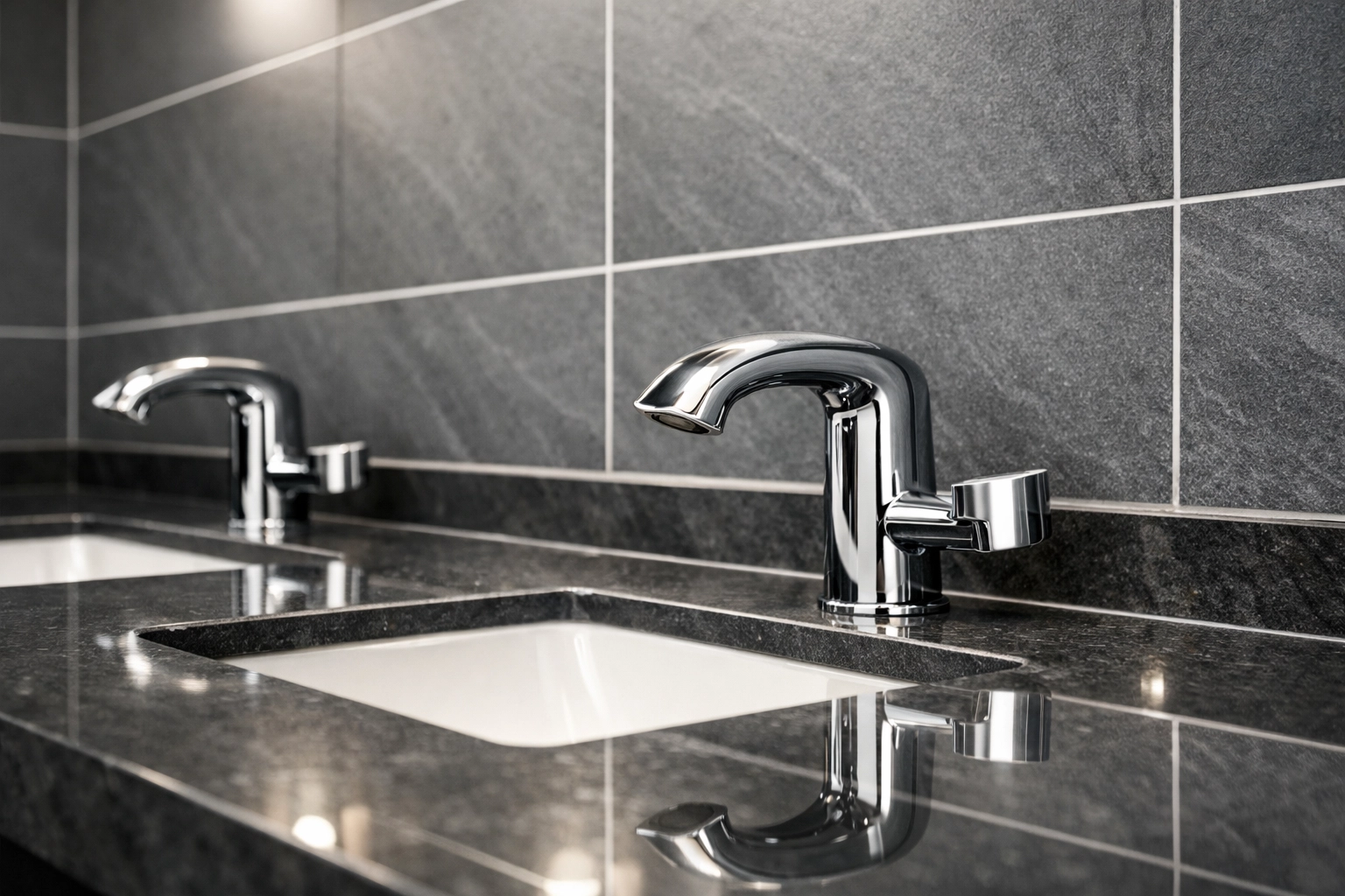 Minimalist commercial restroom with clean grout lines and polished chrome faucets in a modern office.