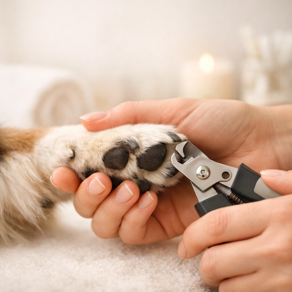 Expert dog groomers in South Tampa performing a gentle nail trim in a relaxing, spa-like environment.