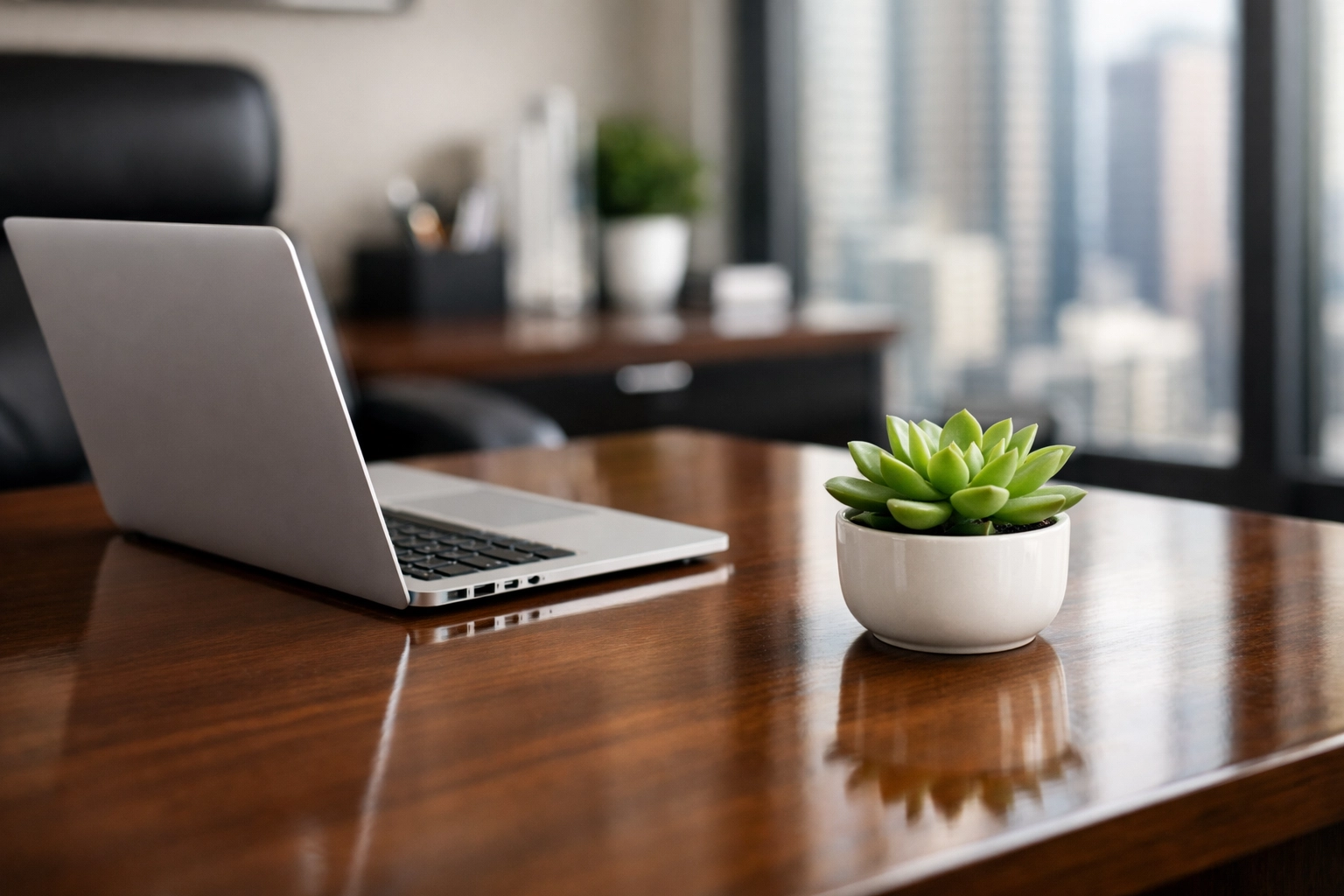 Close-up of a dust-free, polished professional desk reflecting high-touch office cleaning standards.