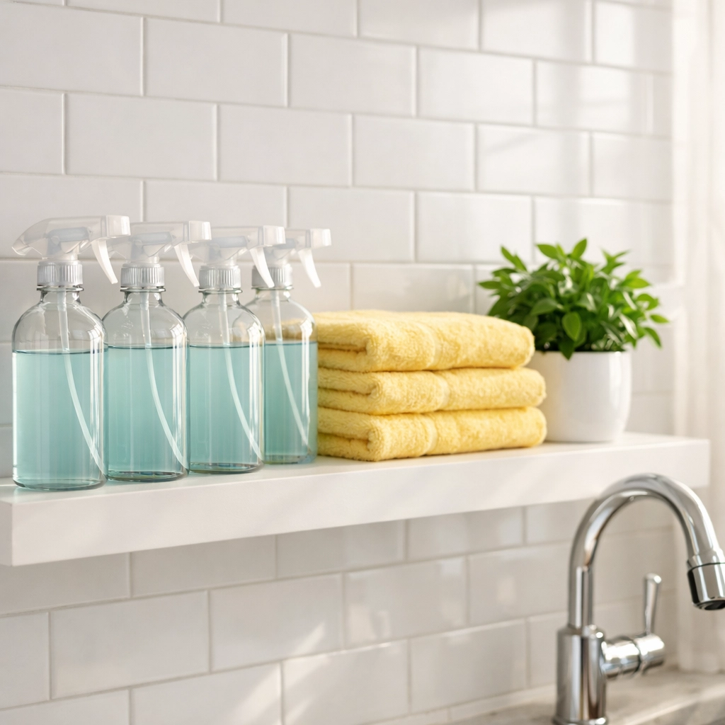 Eco-friendly cleaning supplies and fresh towels ready for an apartment move-in deep clean in Boston.