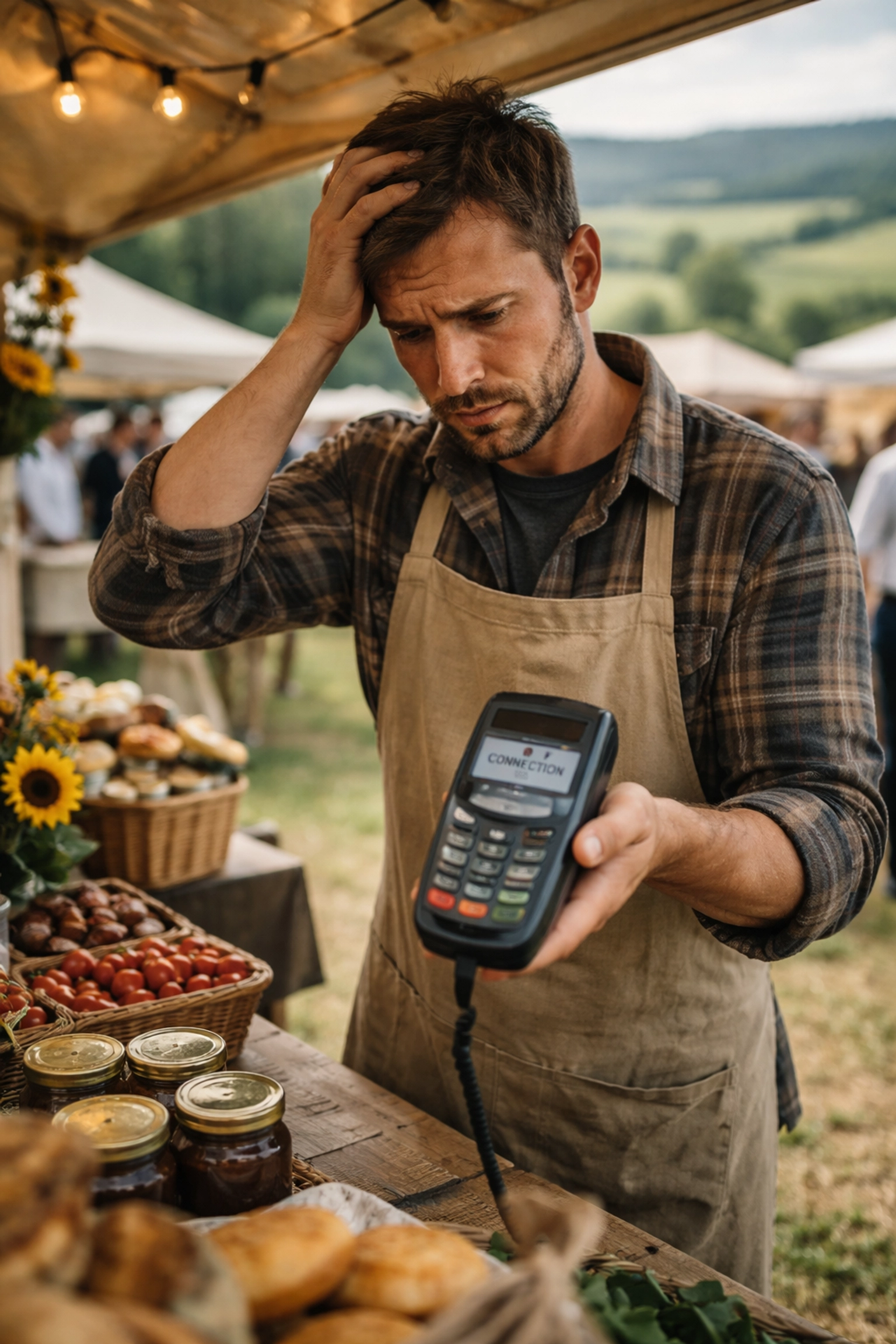 Frustrated vendor at a rural country fair struggling with card payment due to poor WiFi and connectivity issues