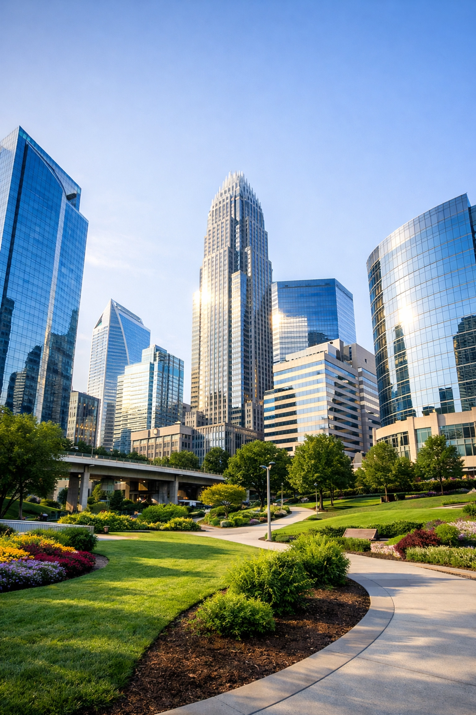 A modern North Carolina urban landscape with corporate towers, highlighting economic momentum and business opportunity.
