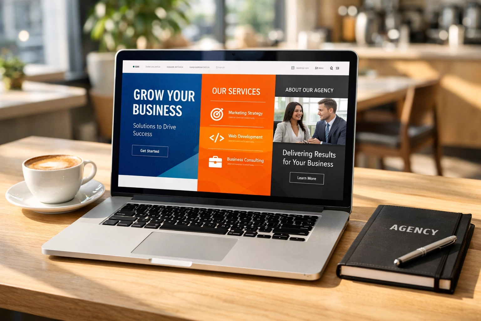 A laptop displaying a professional startup website design with consistent brand colors.