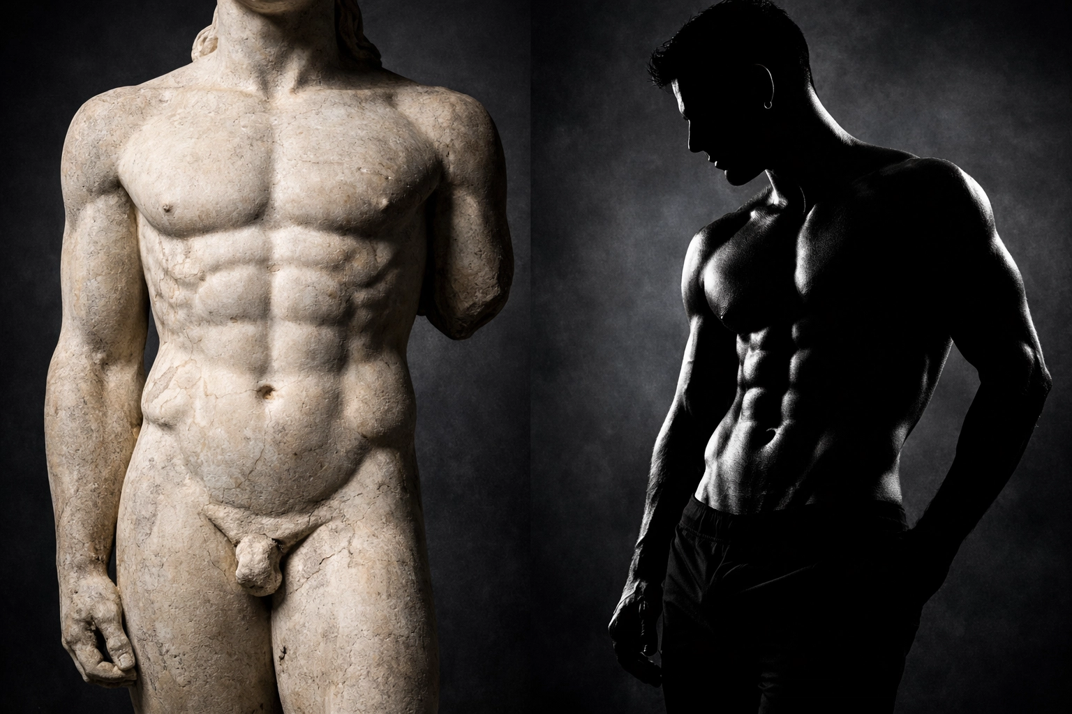Classical Greek marble sculpture compared with a modern athletic male silhouette.