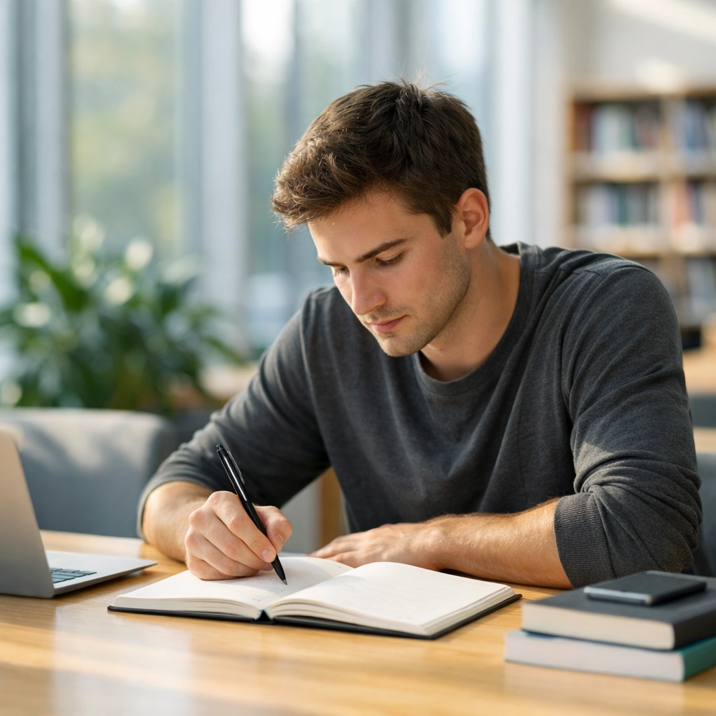 A focused student practicing writing precision and SAT study techniques in a bright library.