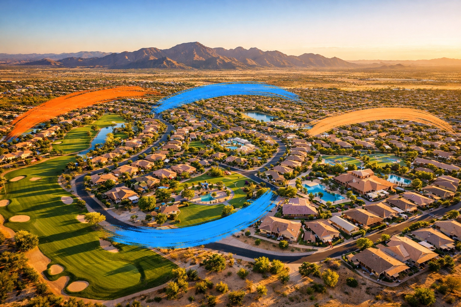 Aerial view of Goodyear AZ neighborhoods including golf course and family communities