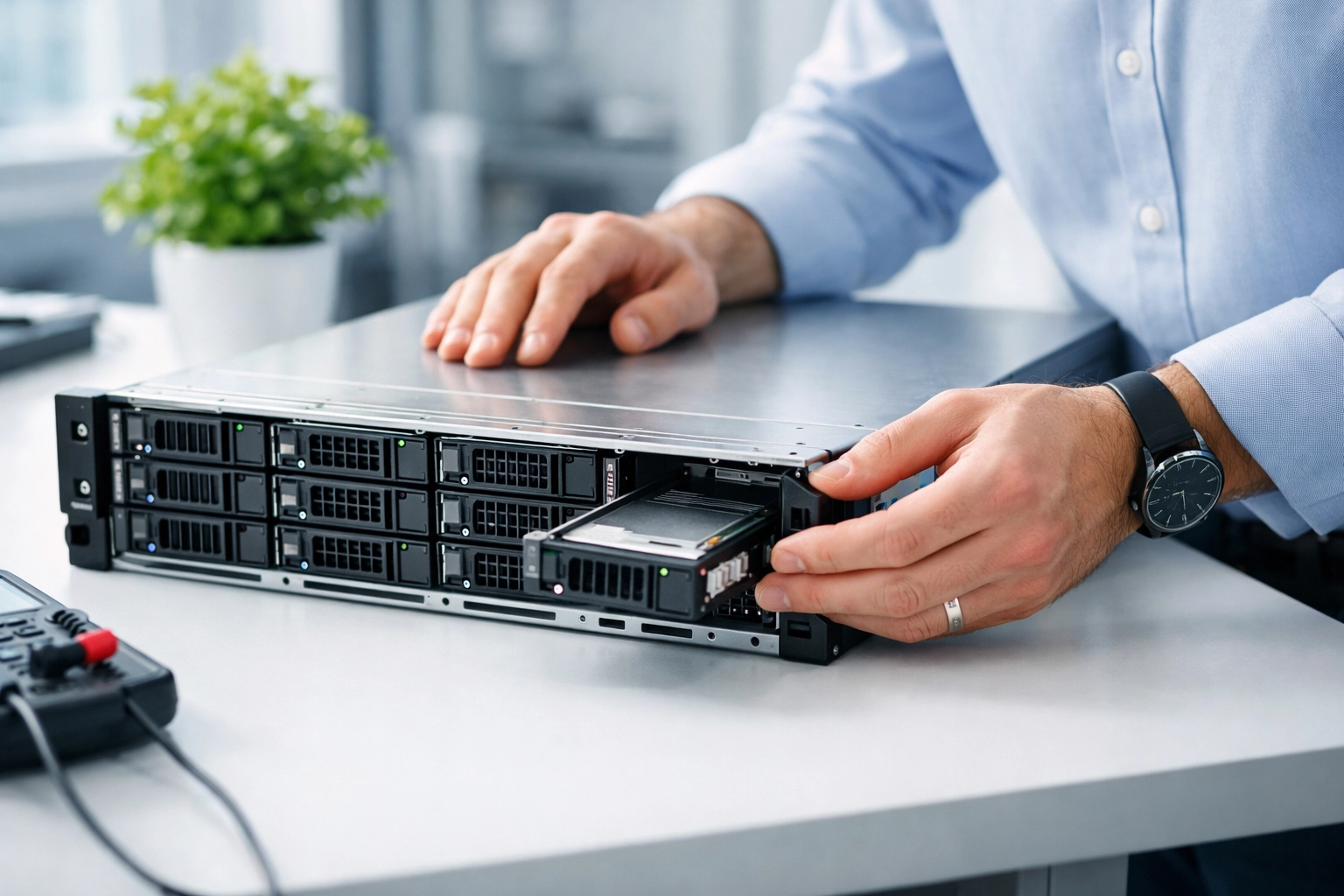 Technician inspecting a server in a clean-tech lab, promoting sustainable IT and refurbished hardware.