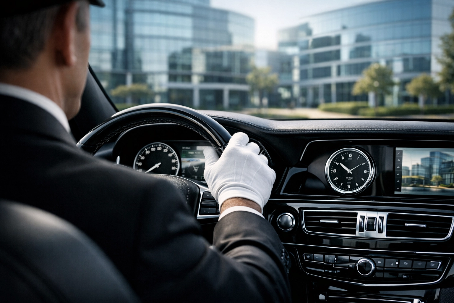 Professional chauffeur in a luxury executive car service vehicle driving through an Irvine business district.