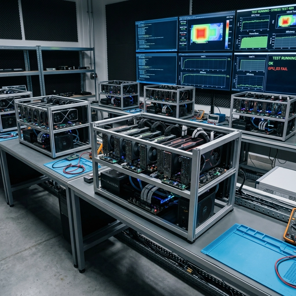 A high-tech laboratory setting featuring professional GPU testing and validation rigs.