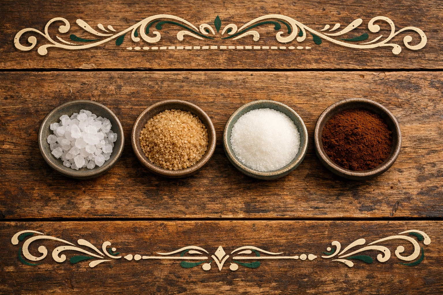 Different textures of fresh ground coffee from coarse to fine for various brewing recipes.