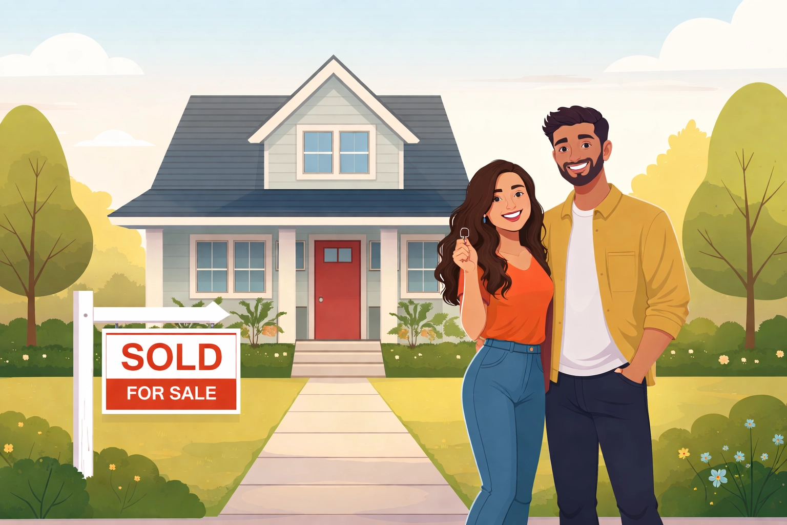 Pareja latina comprando casa nueva mostrando llaves tras un proceso exitoso de crédito