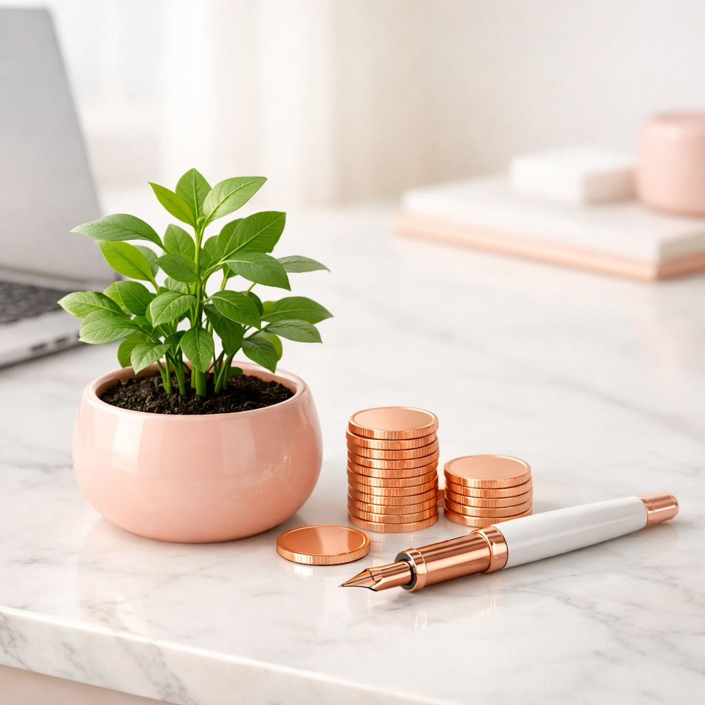 Rose gold coins and a plant representing capital and investment growth for female entrepreneurs in the UK.