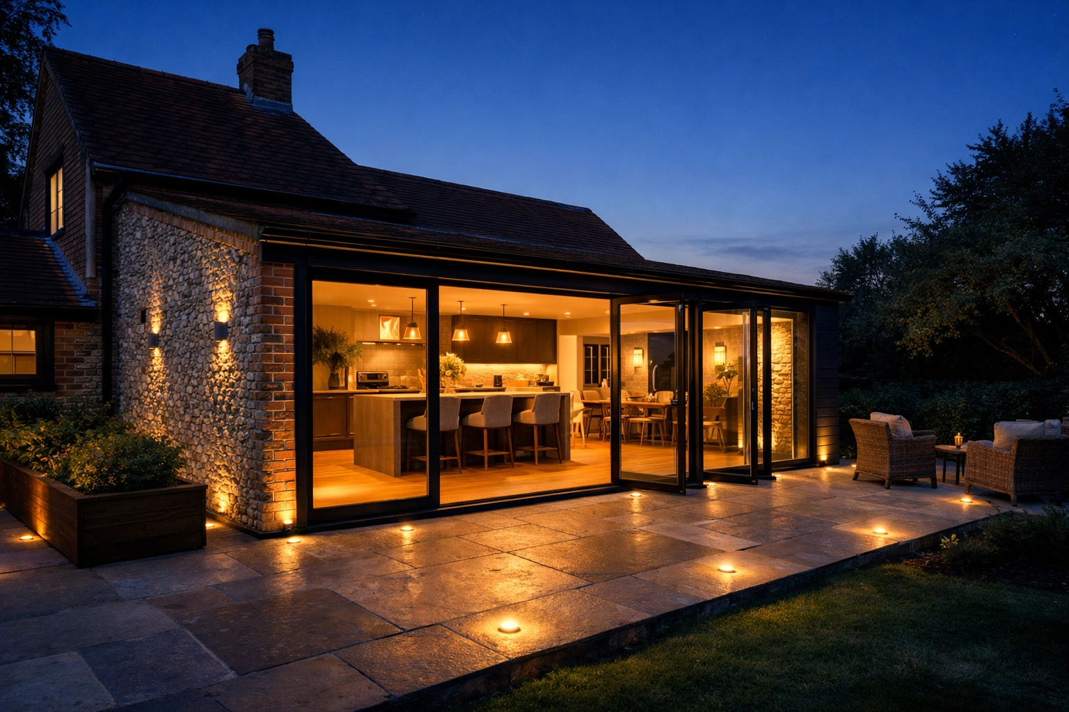 Completed house extension in West Sussex with modern glass bi-fold doors and traditional flint-work.