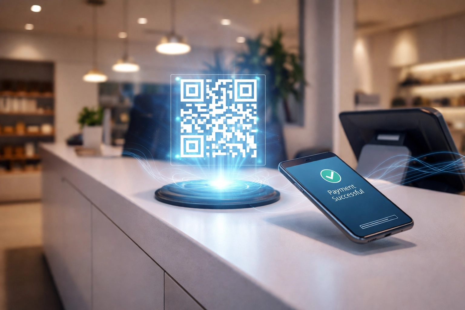 Retail checkout counter with crypto payment QR code for compliant merchant transactions