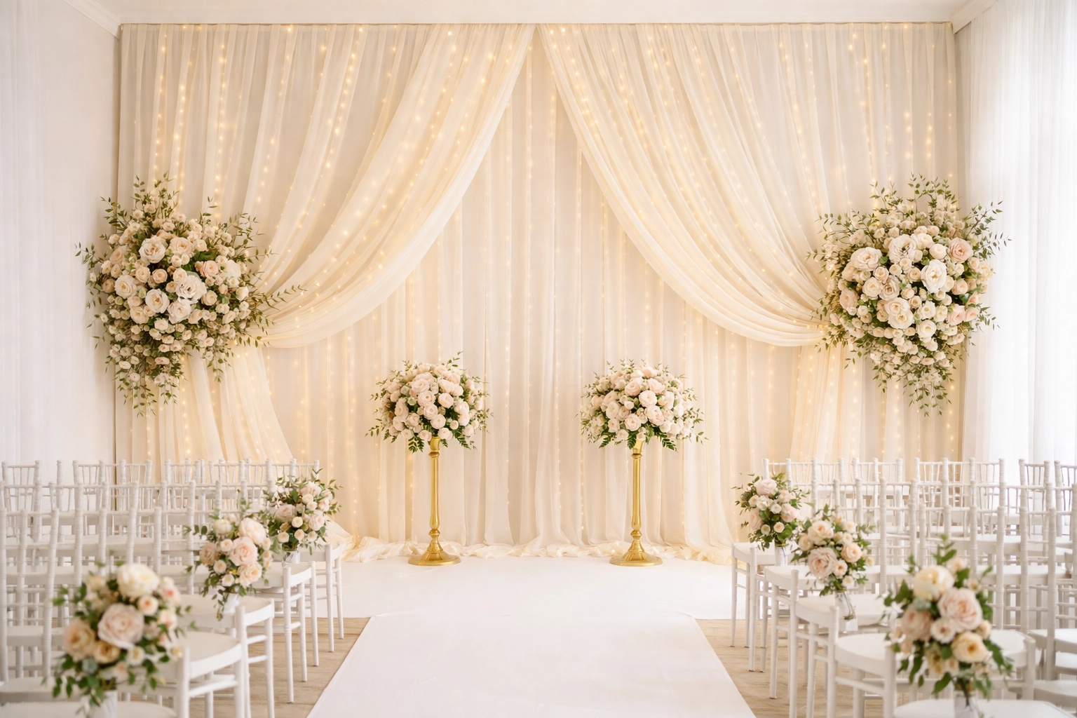Romantic wedding ceremony backdrop with white pipe and drape, string lights, and blush floral accents