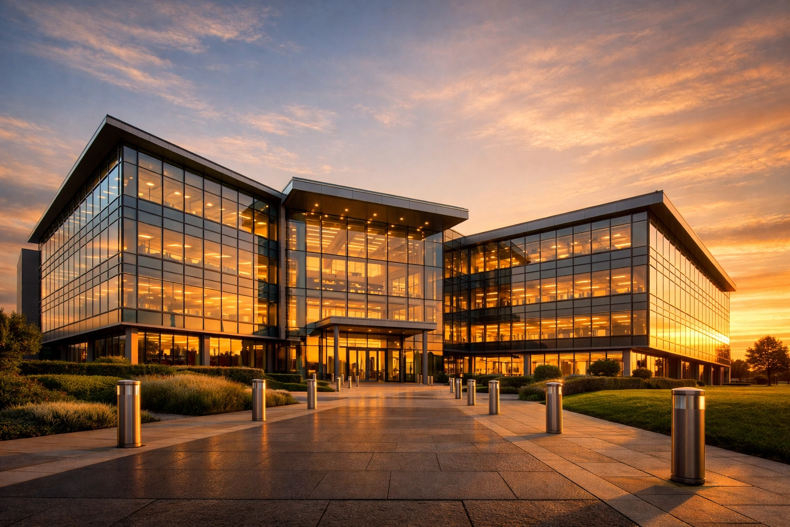Modern UK commercial building with integrated physical security and bollards at sunset.