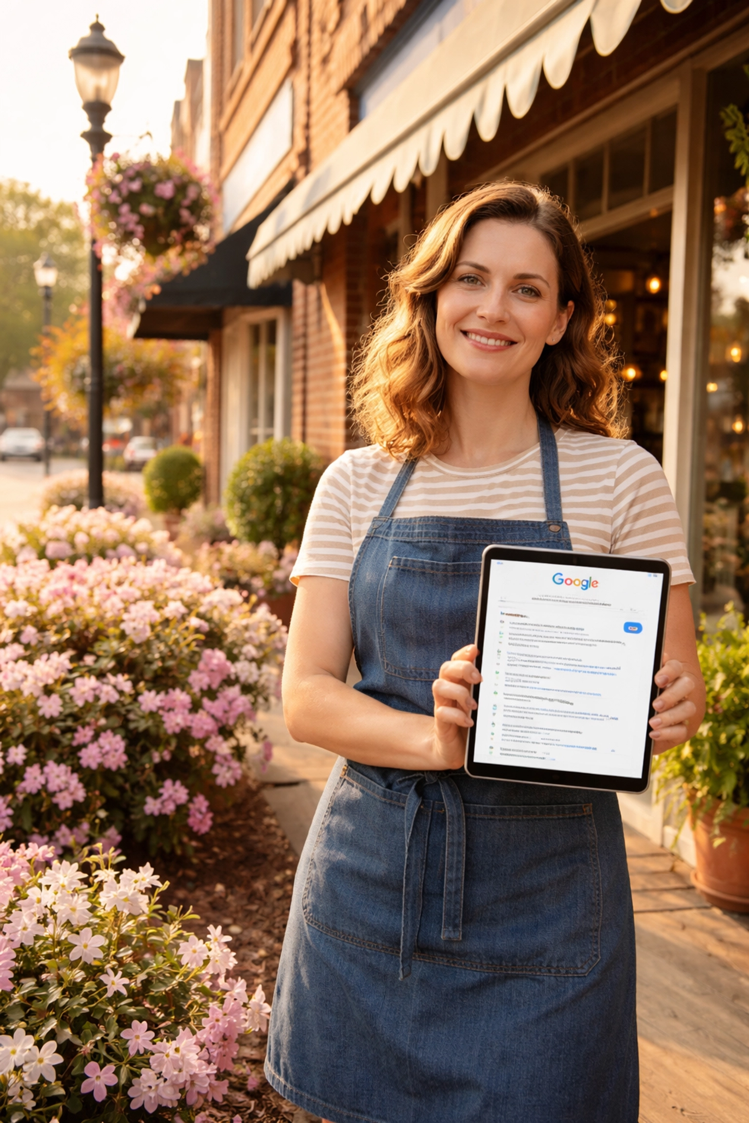 Summerville small business owner standing outside her shop with a tablet displaying Google search results for local business visibility