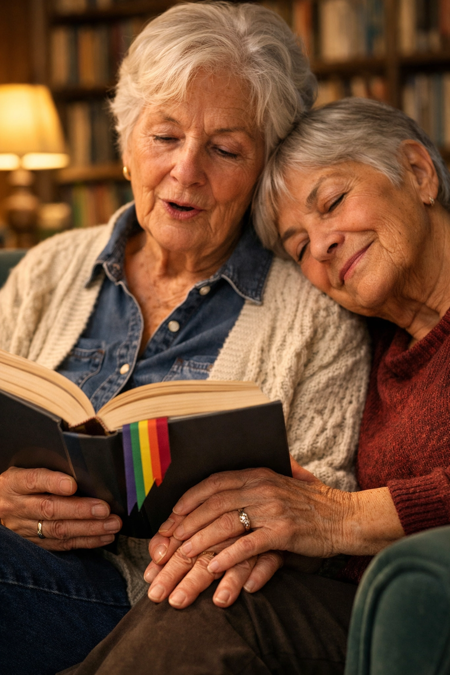 Older lesbian couple reading a book together, highlighting the importance of representation in silver queer fiction.