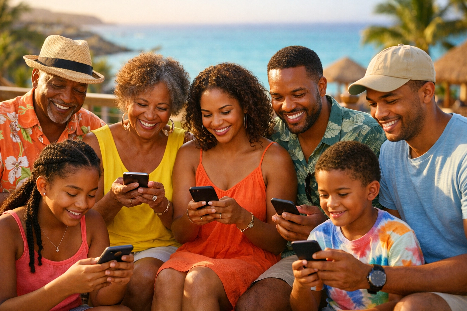 Multigenerational family using mobile phones to coordinate trip details at beach resort