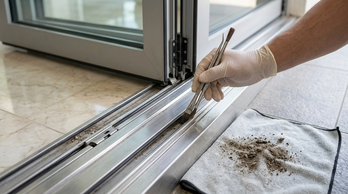 A professional hand is using a specialized tool to remove debris from the stainless steel runner.