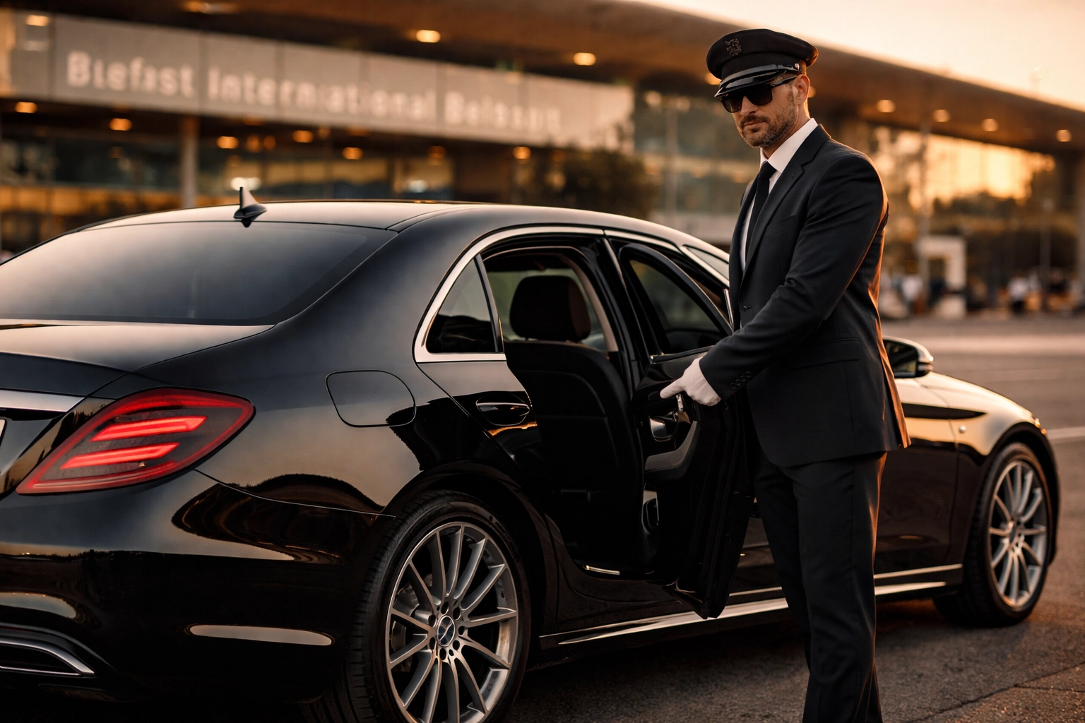 Professional chauffeur opens black Mercedes S-Class for Belfast airport executive transfer service