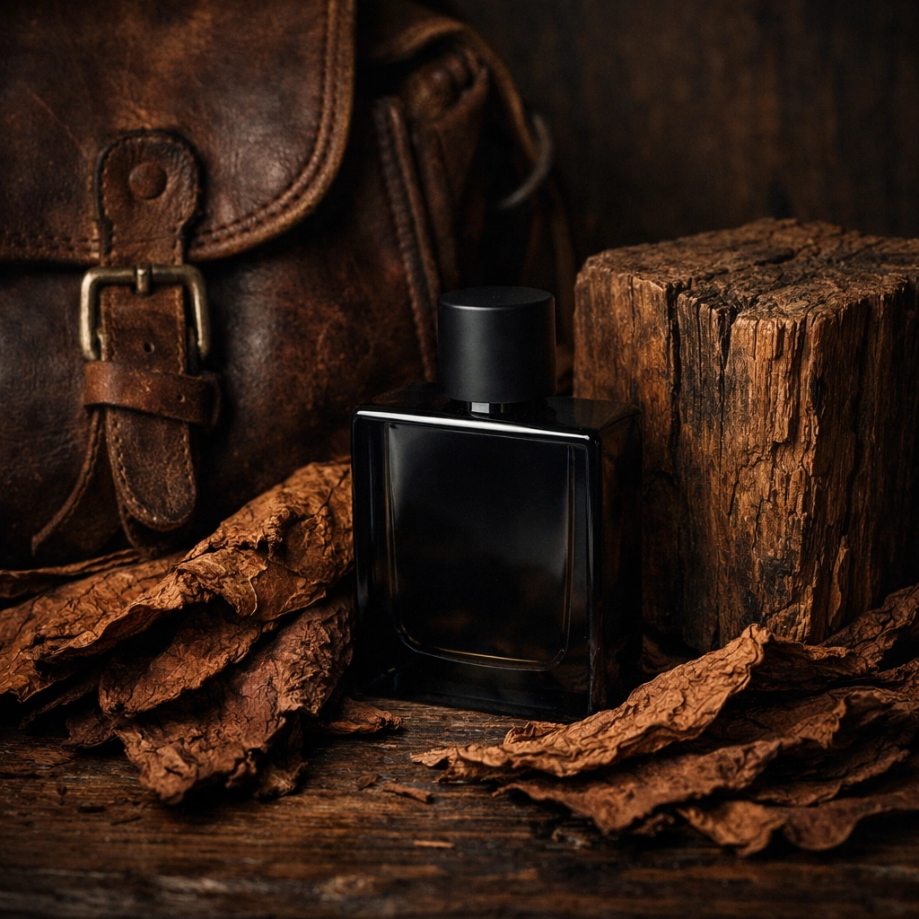 Masculine scent notes of leather, tobacco, and cedarwood alongside a dark glass fragrance bottle.