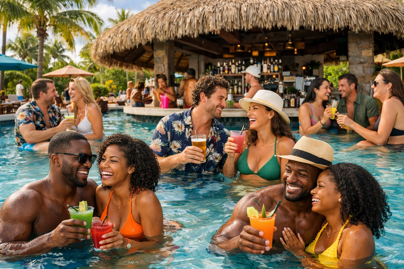 Adults-only lifestyle resort pool party with couples socializing at swim-up bar