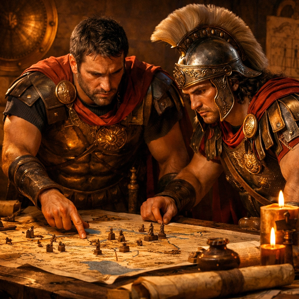 Alexander and Hephaestion planning military strategy together, showing their close collaborative bond