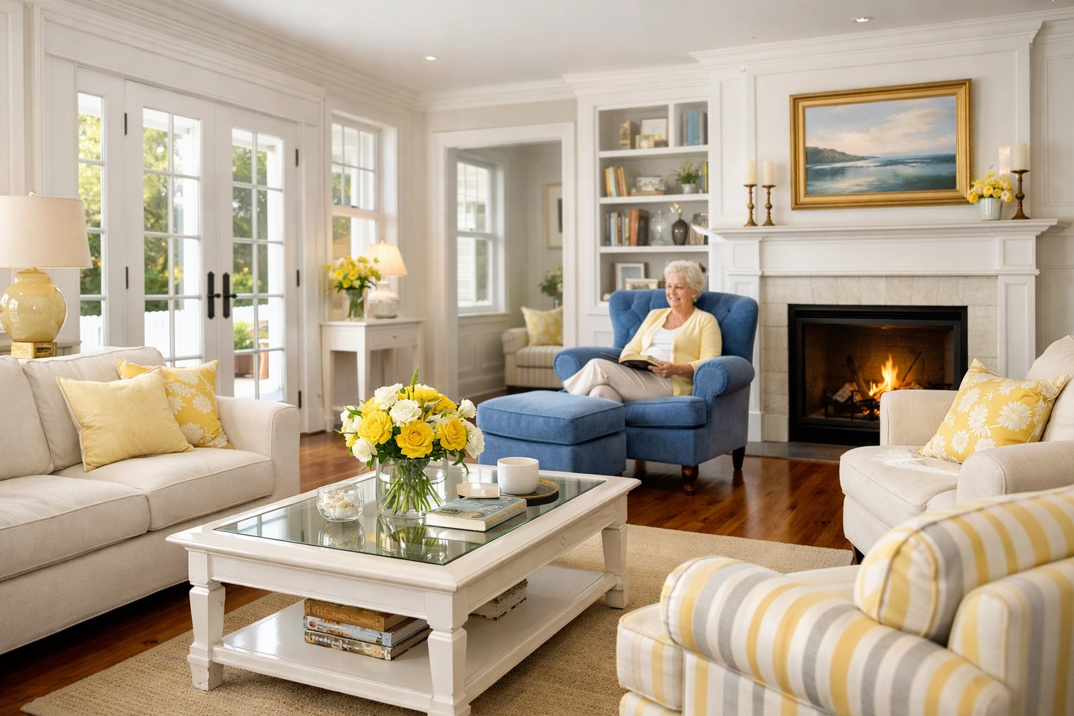 Senior woman relaxing in a clean, safe Lunenburg home with spotless hardwood floors.