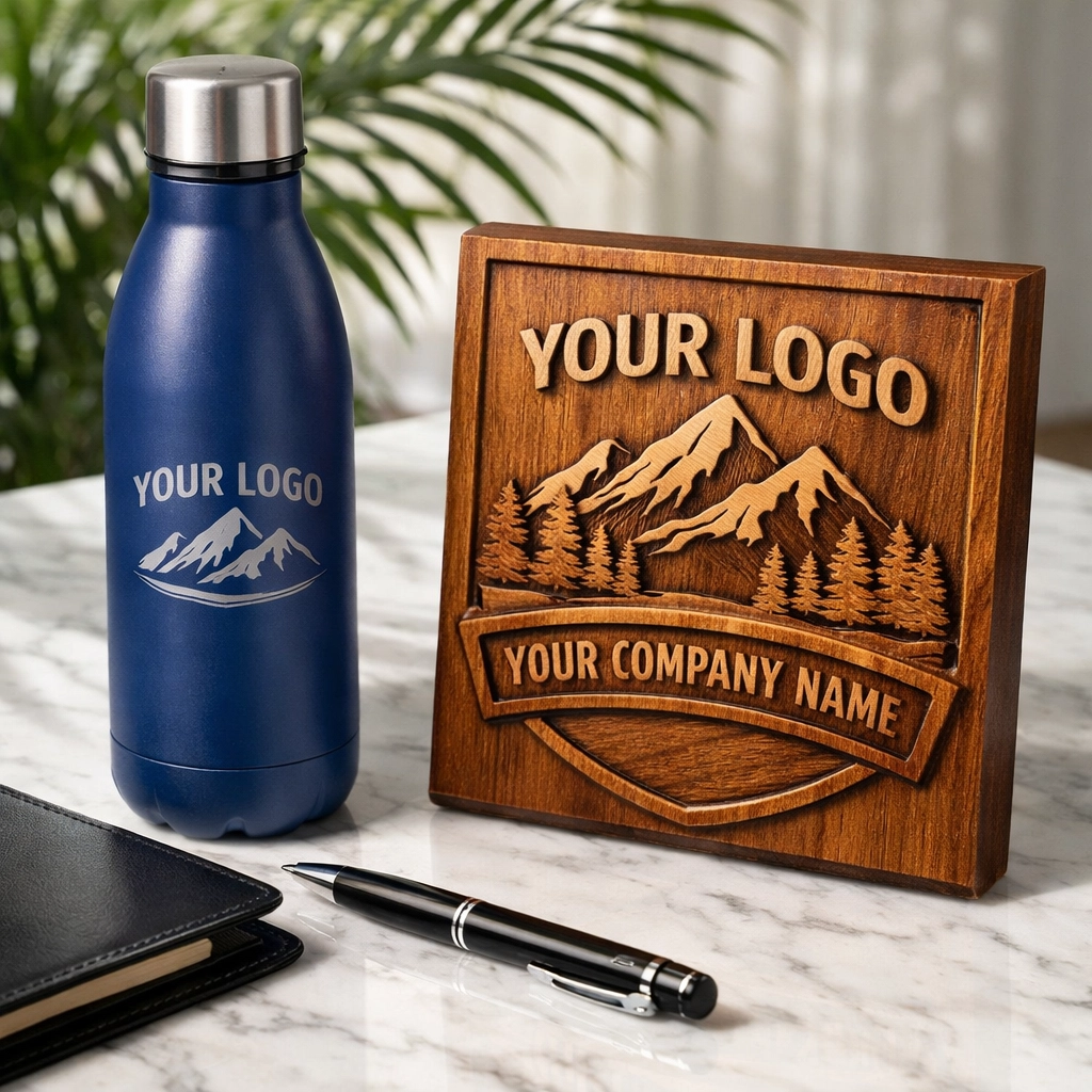 Laser-etched water bottle and engraved wood plaque showing specialty printing services.
