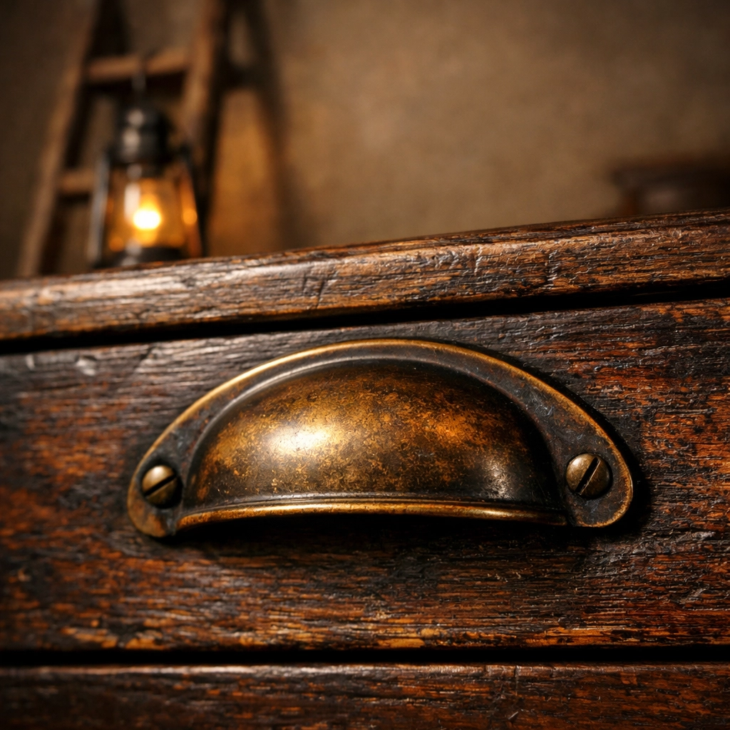 Close-up of aged brass cabinet hardware on rustic wood with vintage artisan decor.