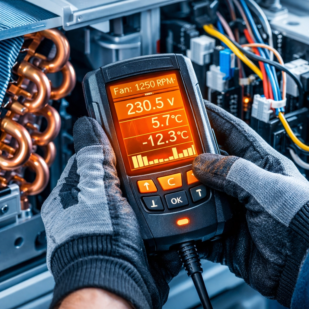 Professional HVAC technician inspecting air conditioner components during a precision AC tune-up service.