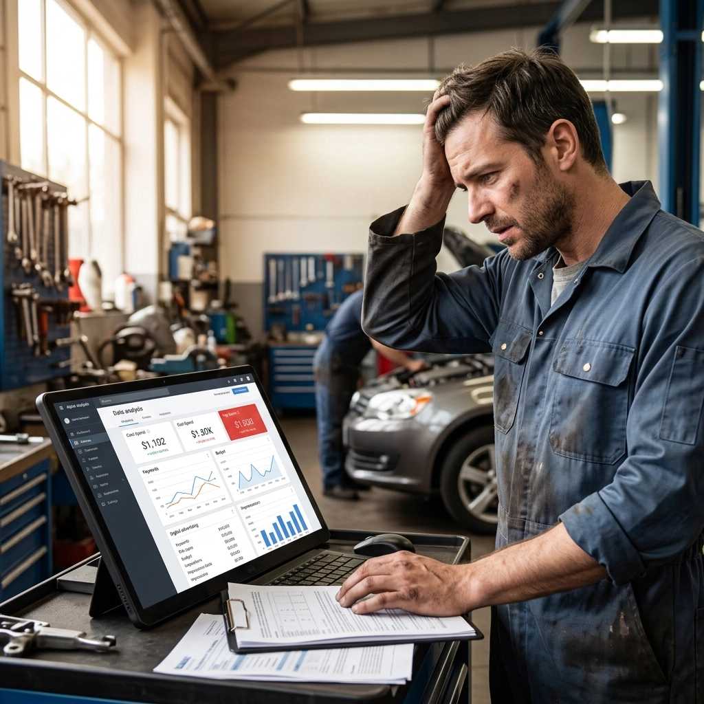 A modern auto repair shop interior with a mechanic using a digital diagnostic tablet to review vehicle data.