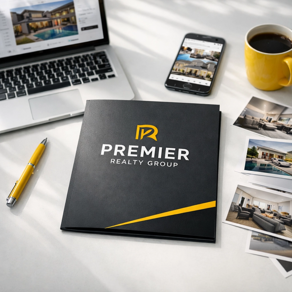 Real estate agent's desk showing digital devices and branded presentation folder for client meetings