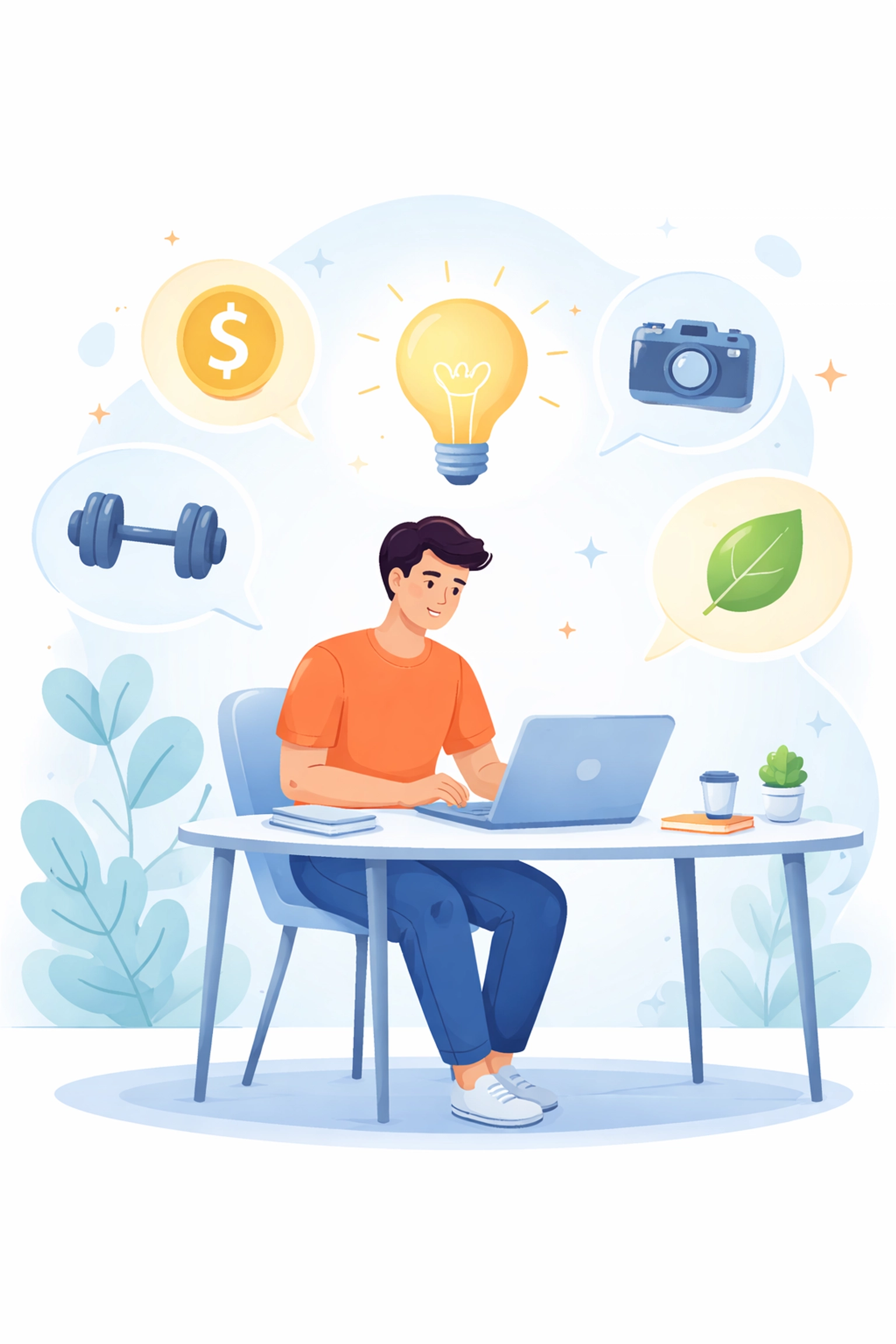 Person brainstorming ebook topics at a laptop, surrounded by niche icons, for online ebook business ideas