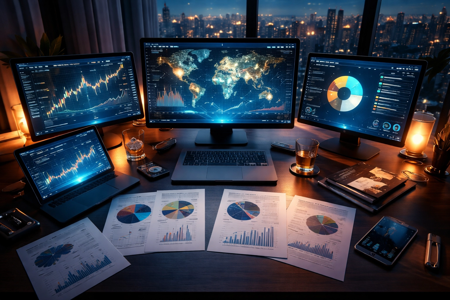 Investor workspace with diverse financial charts and global portfolio data visualizing private equity diversification.